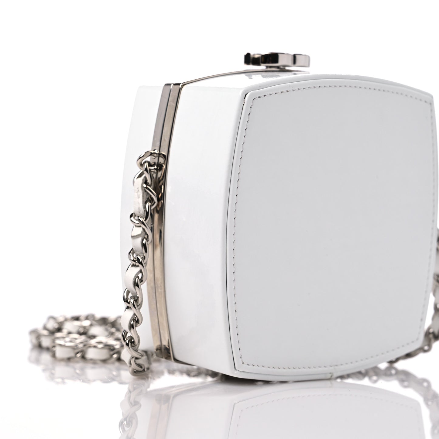 Patent Goatskin Quilted Clutch With Chain White