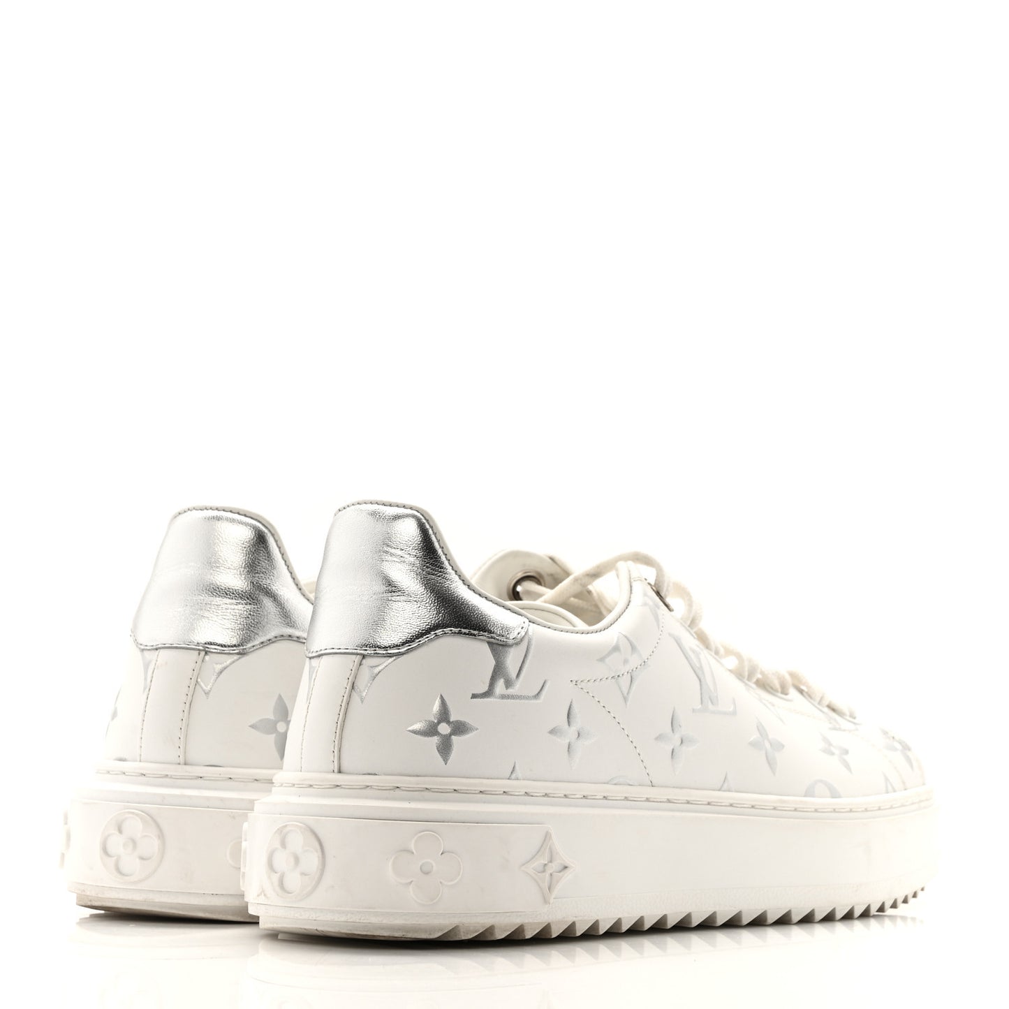 Calfskin Monogram Debossed Time Out Sneakers 38 White Silver
