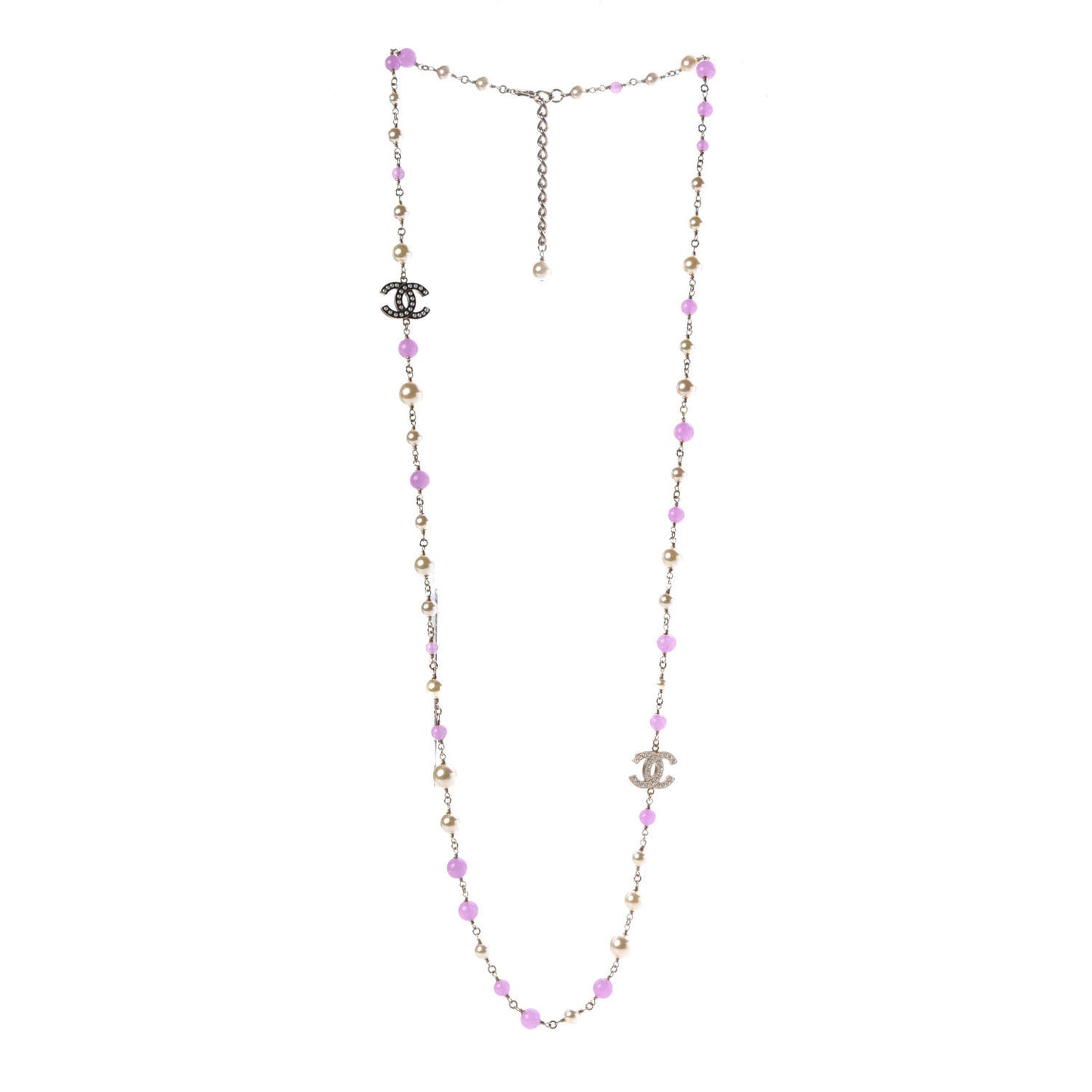 Pearl Beaded Enamel CC Long Necklace Gold Lilac