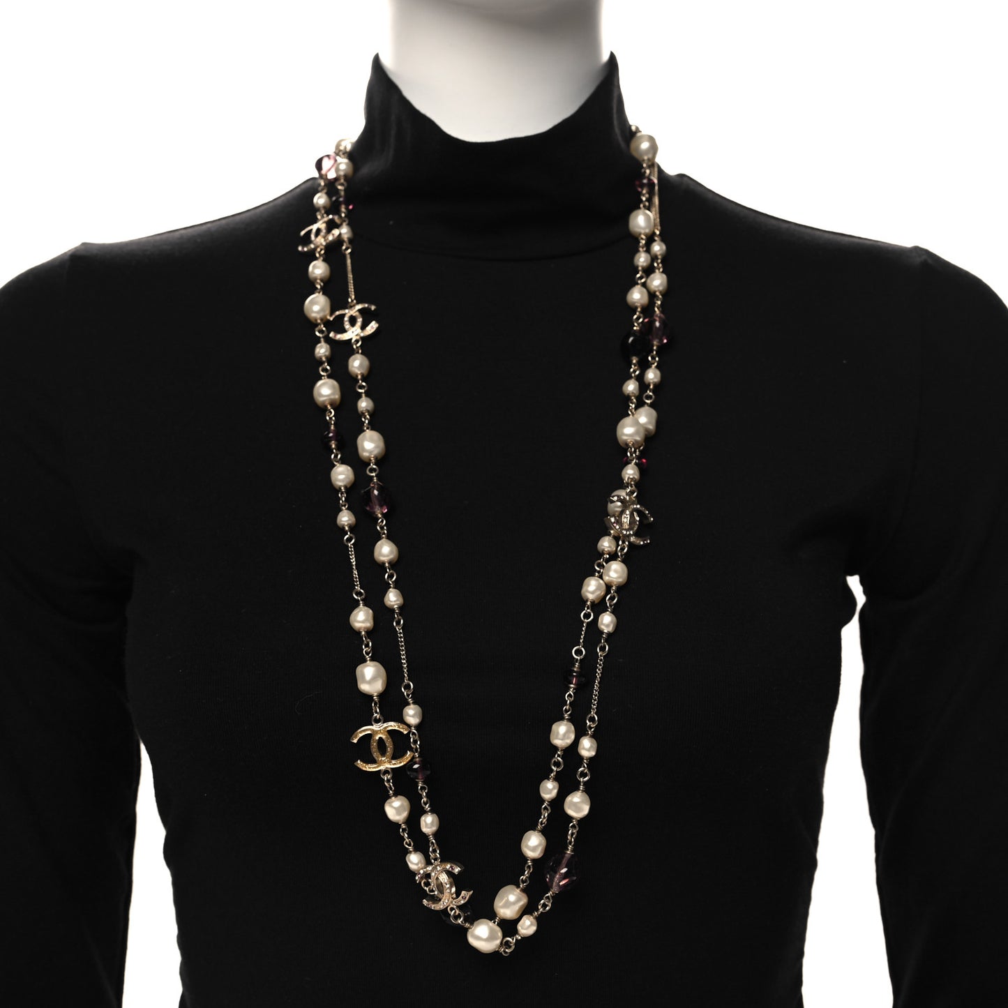 Beaded Pearl Crystal CC Long Strand Necklace Gold Purple