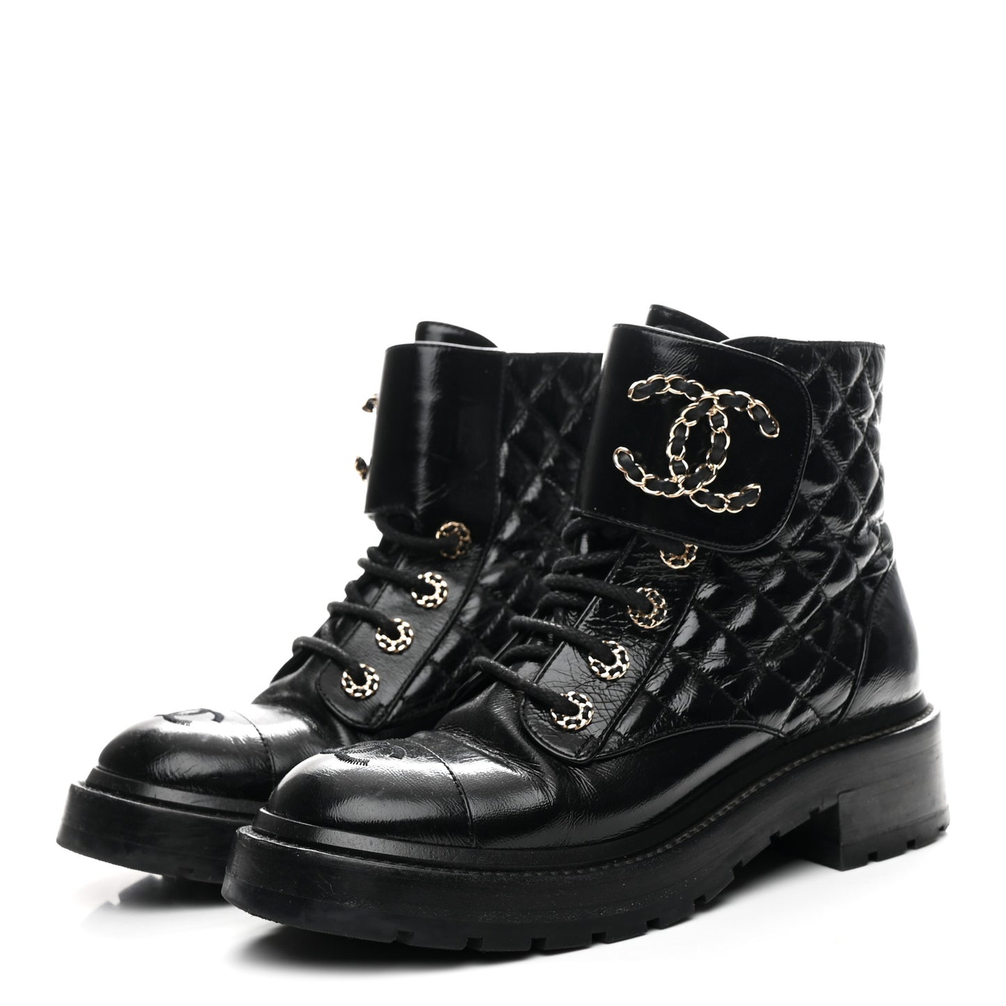 Shiny Goatskin Calfskin Quilted Lace Up Combat Boots 37 Black