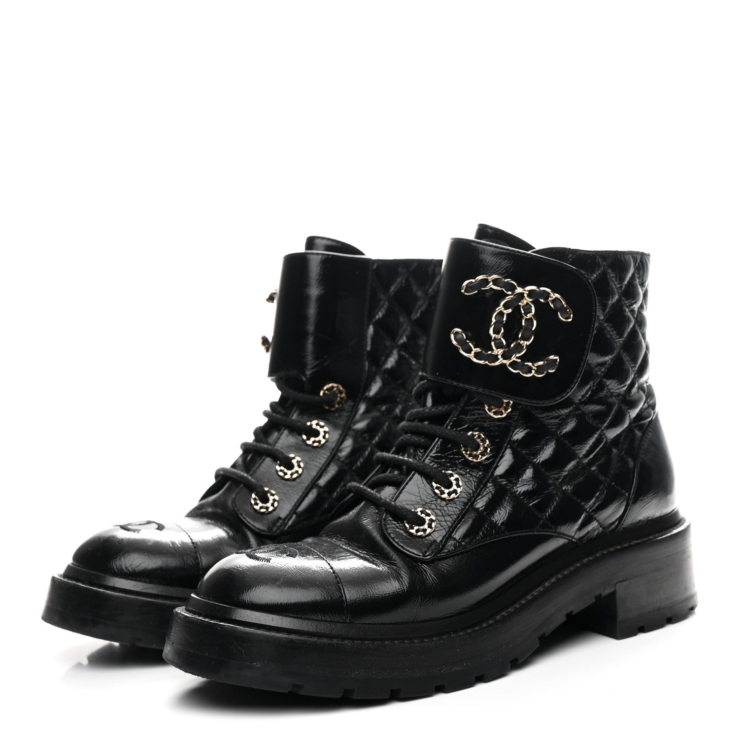 Chanel Shiny Goatskin Calfskin Quilted Lace Up Combat Boots 37 Black 4 of 11