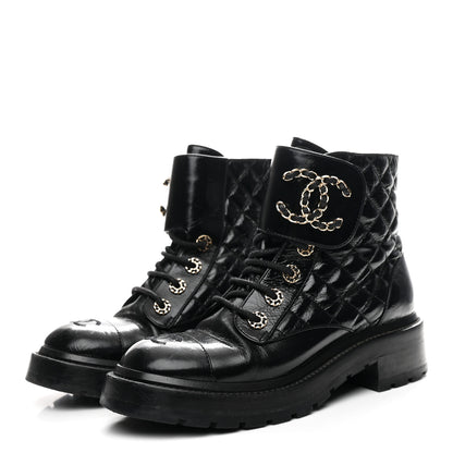 Chanel Shiny Goatskin Calfskin Quilted Lace Up Combat Boots 37 Black 4 of 11