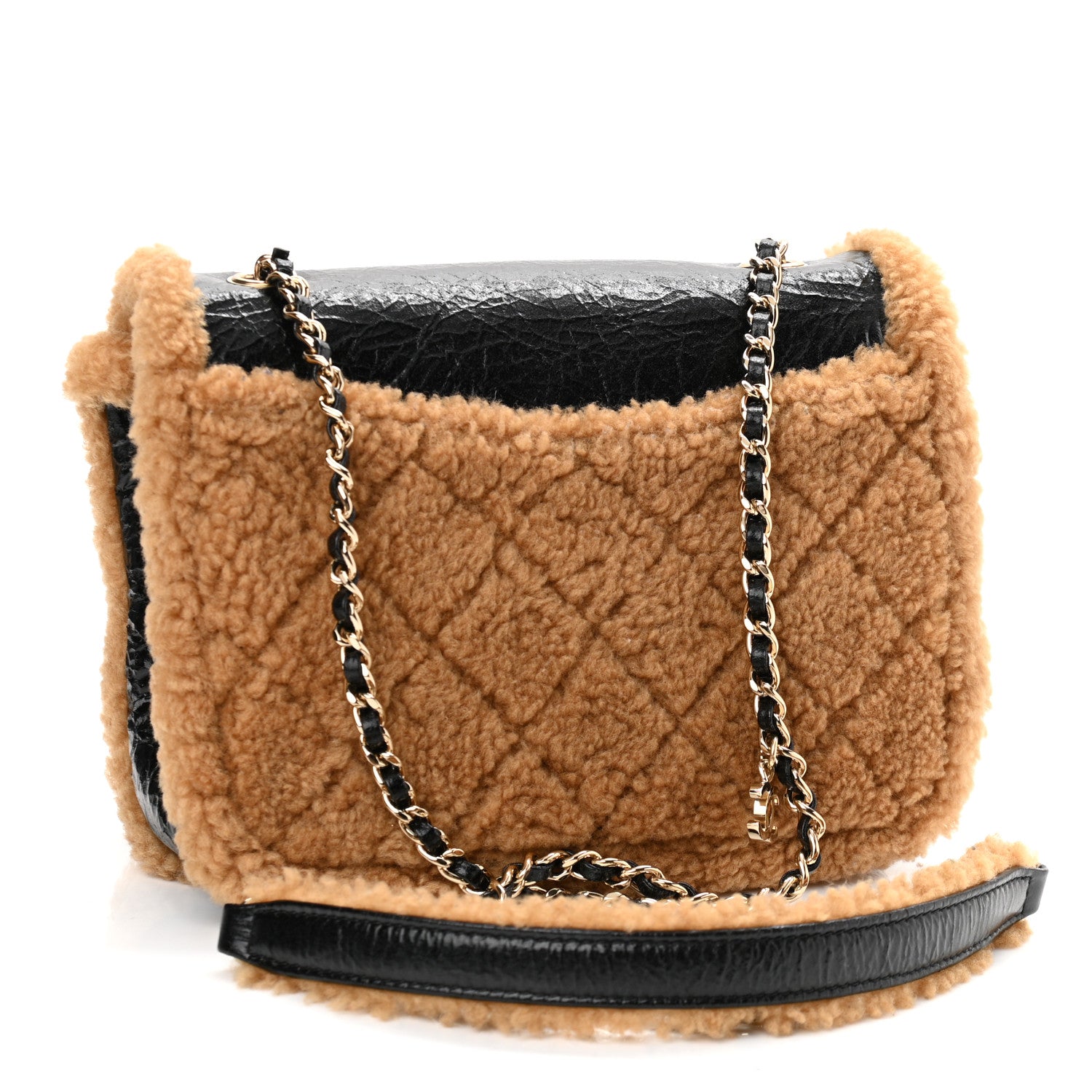Chanel Shiny Crumpled Sheepskin Shearling CC Mania Flap Bag Black Beige 3 of 11