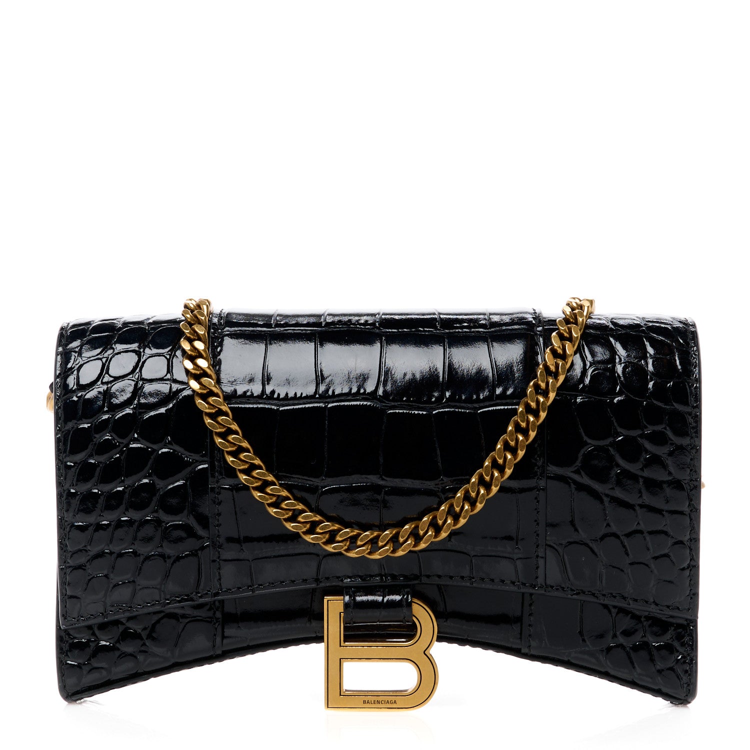 Balenciaga Shiny Calfskin Crocodile Embossed Hourglass Chain Bag Black 1 of 11