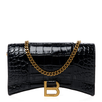Balenciaga Shiny Calfskin Crocodile Embossed Hourglass Chain Bag Black 1 of 11