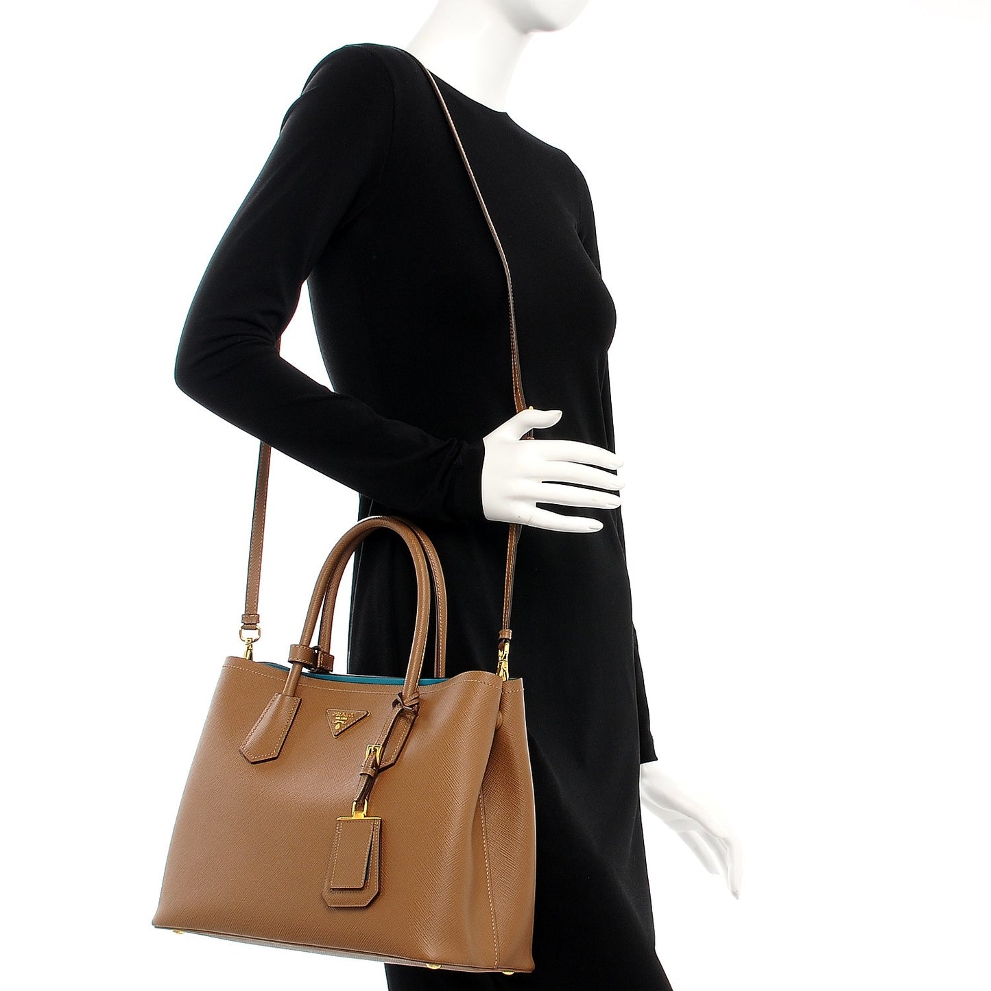 Saffiano Cuir Medium Double Bag Cannella Turquoise