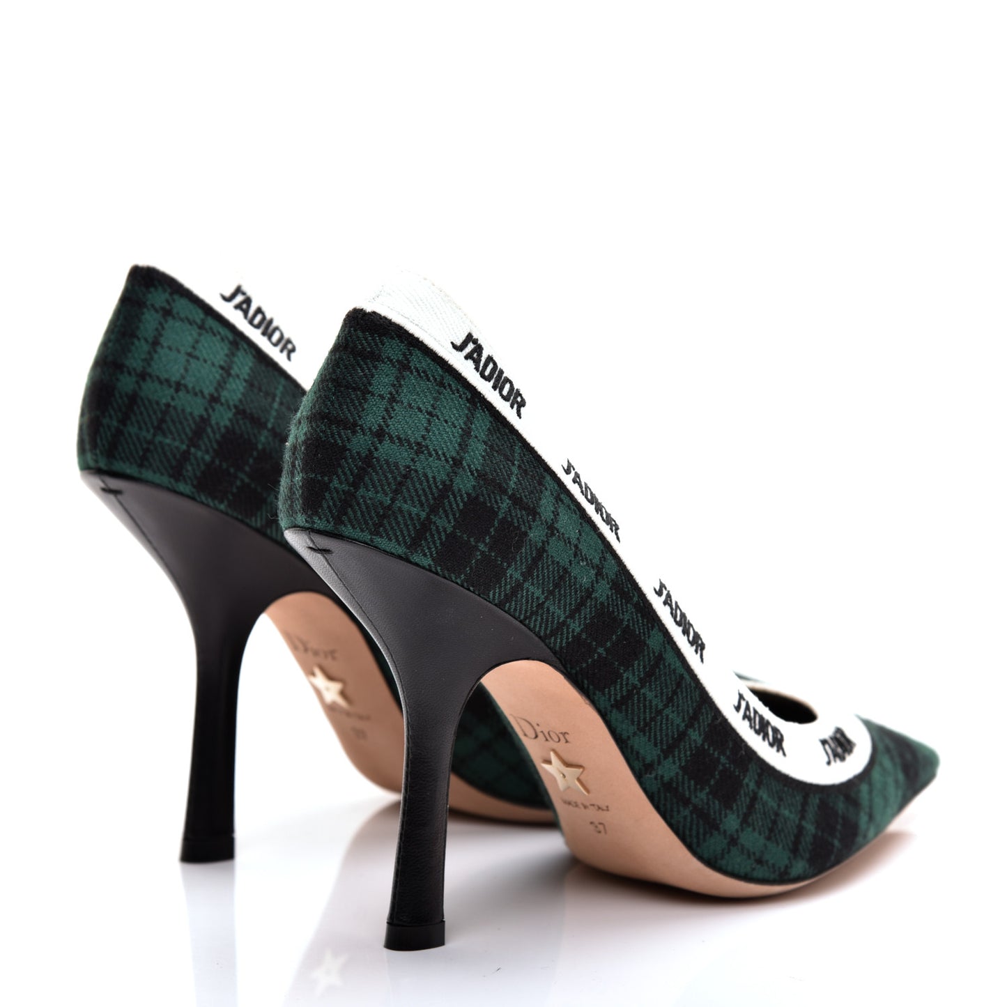 Canvas Ribbon Tartan Print Embroidered J'Adior 100mm Pumps 37 Black Green