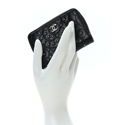 Chanel Lambskin Camellia Embossed Studded Zip Coin Purse Black 2 of 7