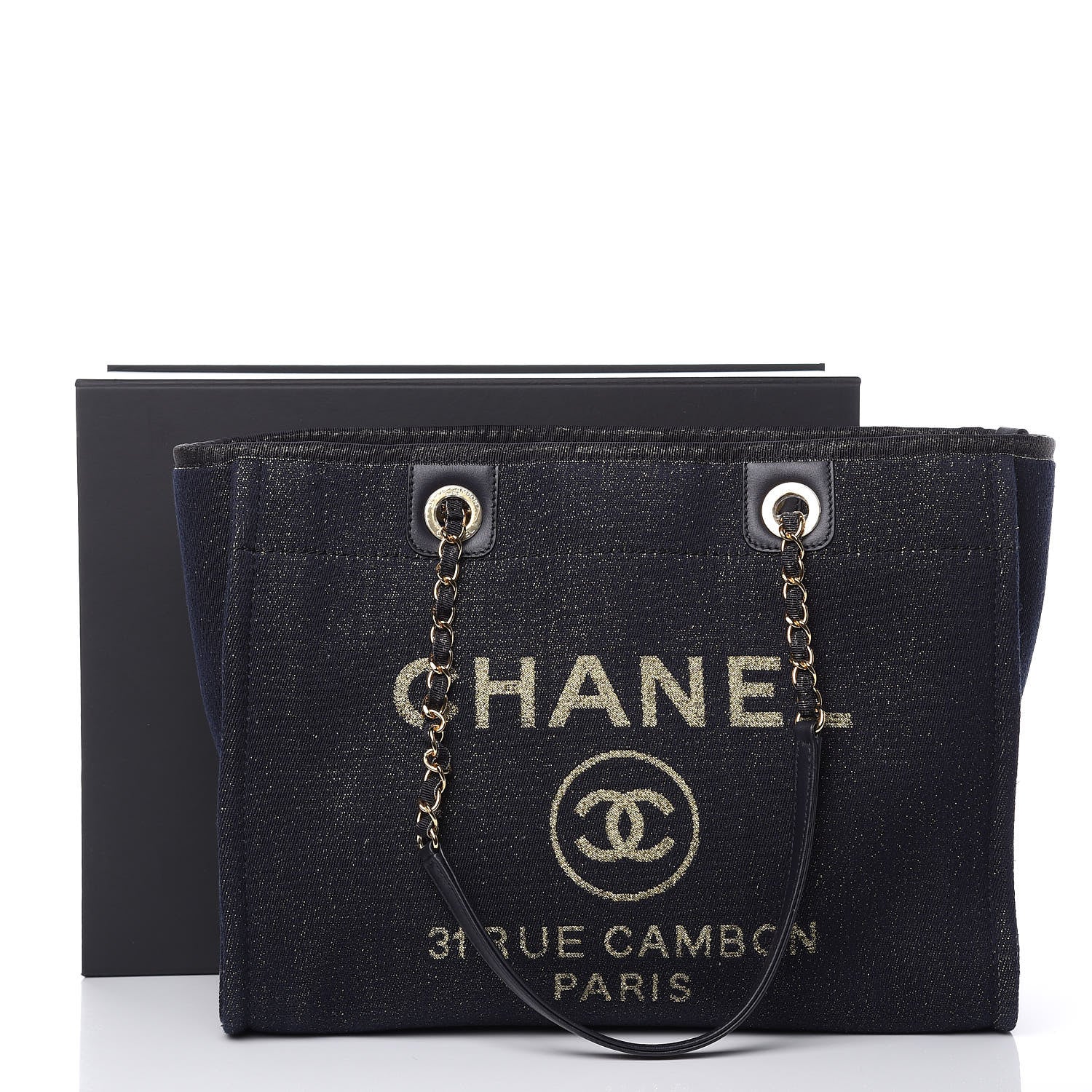 Chanel Lurex Canvas Small Deauville Tote Navy Blue Gold 10 of 10