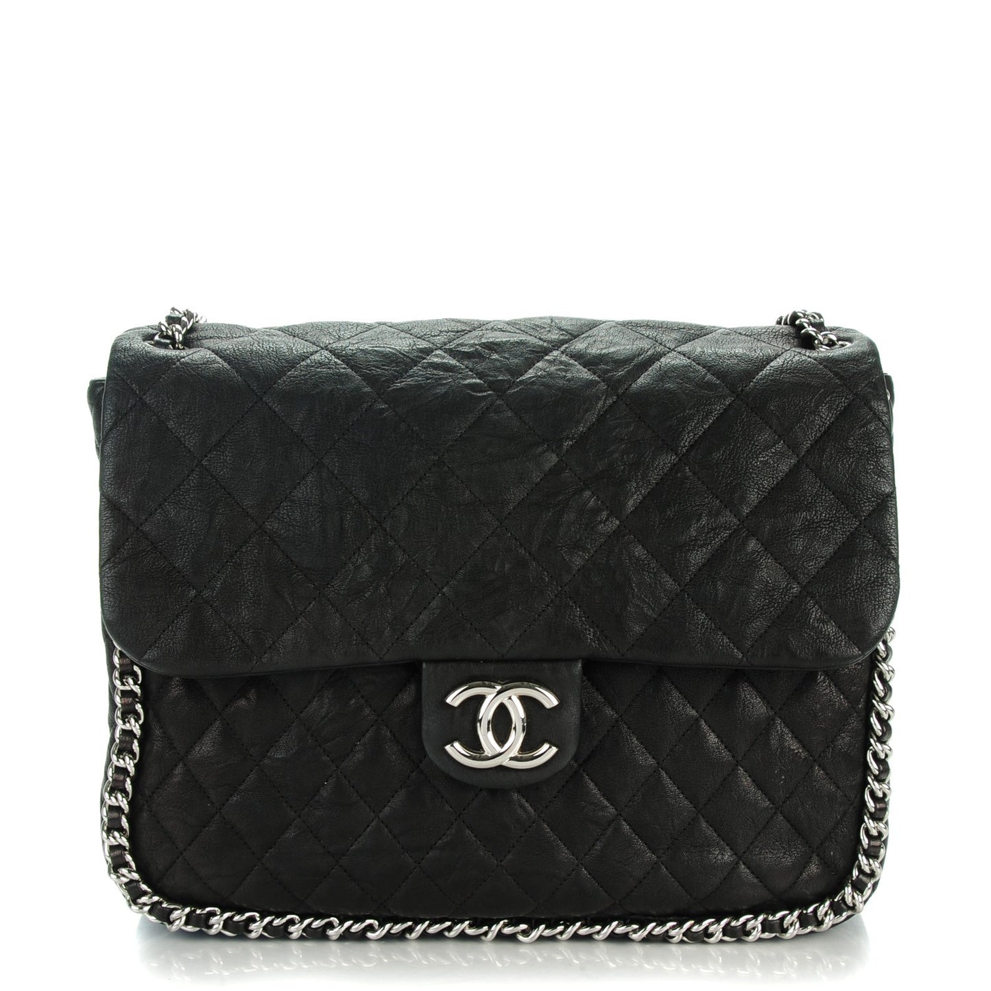 Crumpled Lambskin Quilted Maxi Chain Around Flap Black