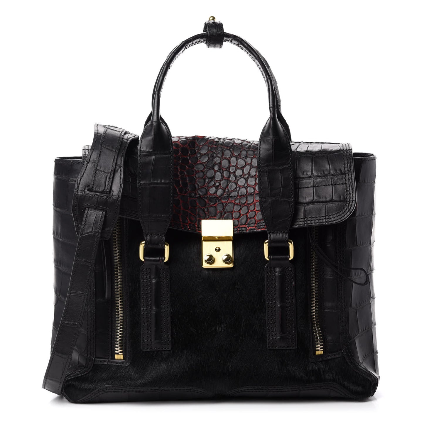3.1 Calf Hair Calfskin Crocodile Embossed Medium Pashli Satchel Antique Red Black