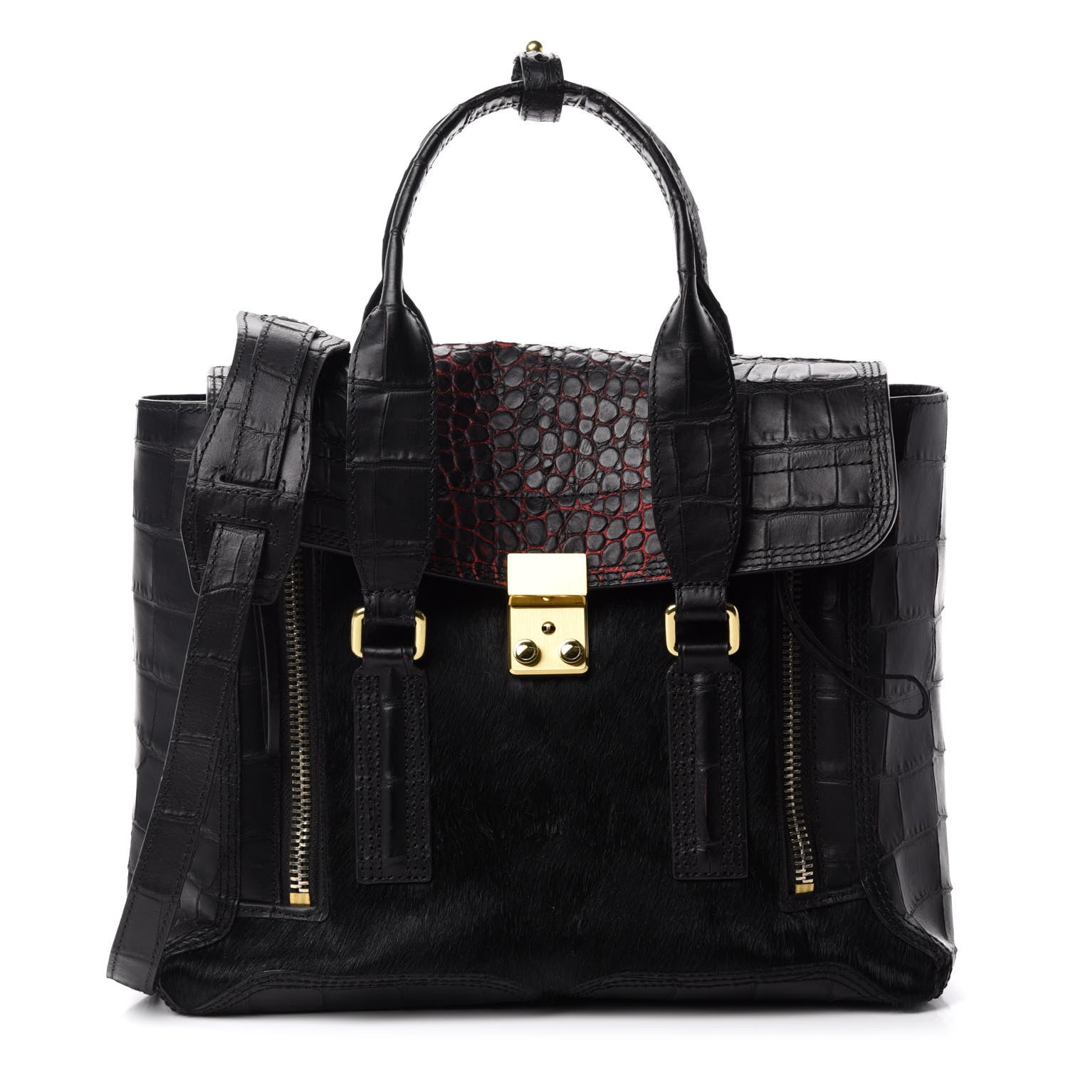 3.1 Phillip Lim 3.1 Calf Hair Calfskin Crocodile Embossed Medium Pashli Satchel Antique Red Black 1 of 12