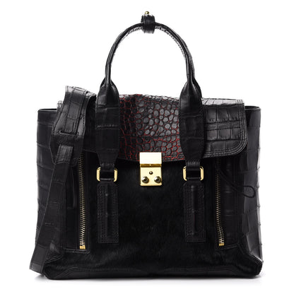 3.1 Phillip Lim 3.1 Calf Hair Calfskin Crocodile Embossed Medium Pashli Satchel Antique Red Black 1 of 12