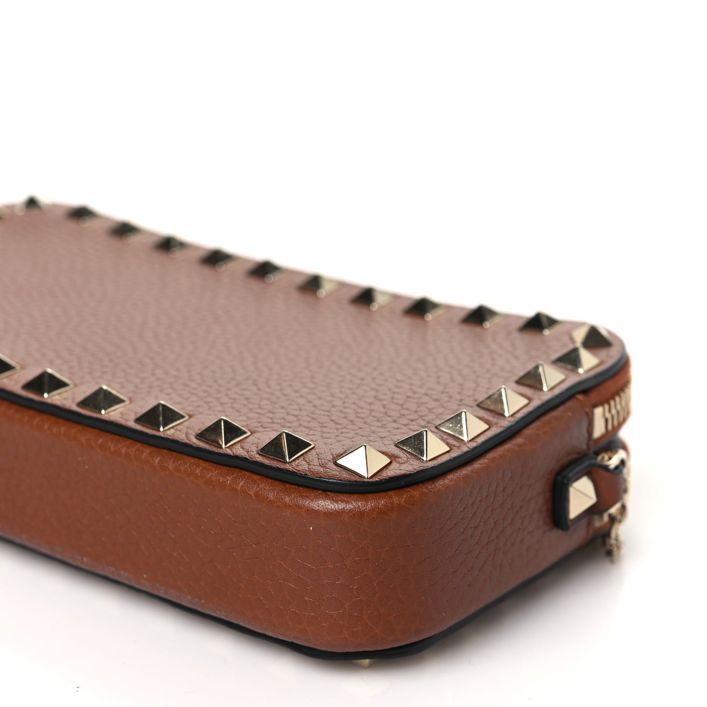 Pebbled Calfskin Rockstud Double Zip Camera Crossbody Bag Tan