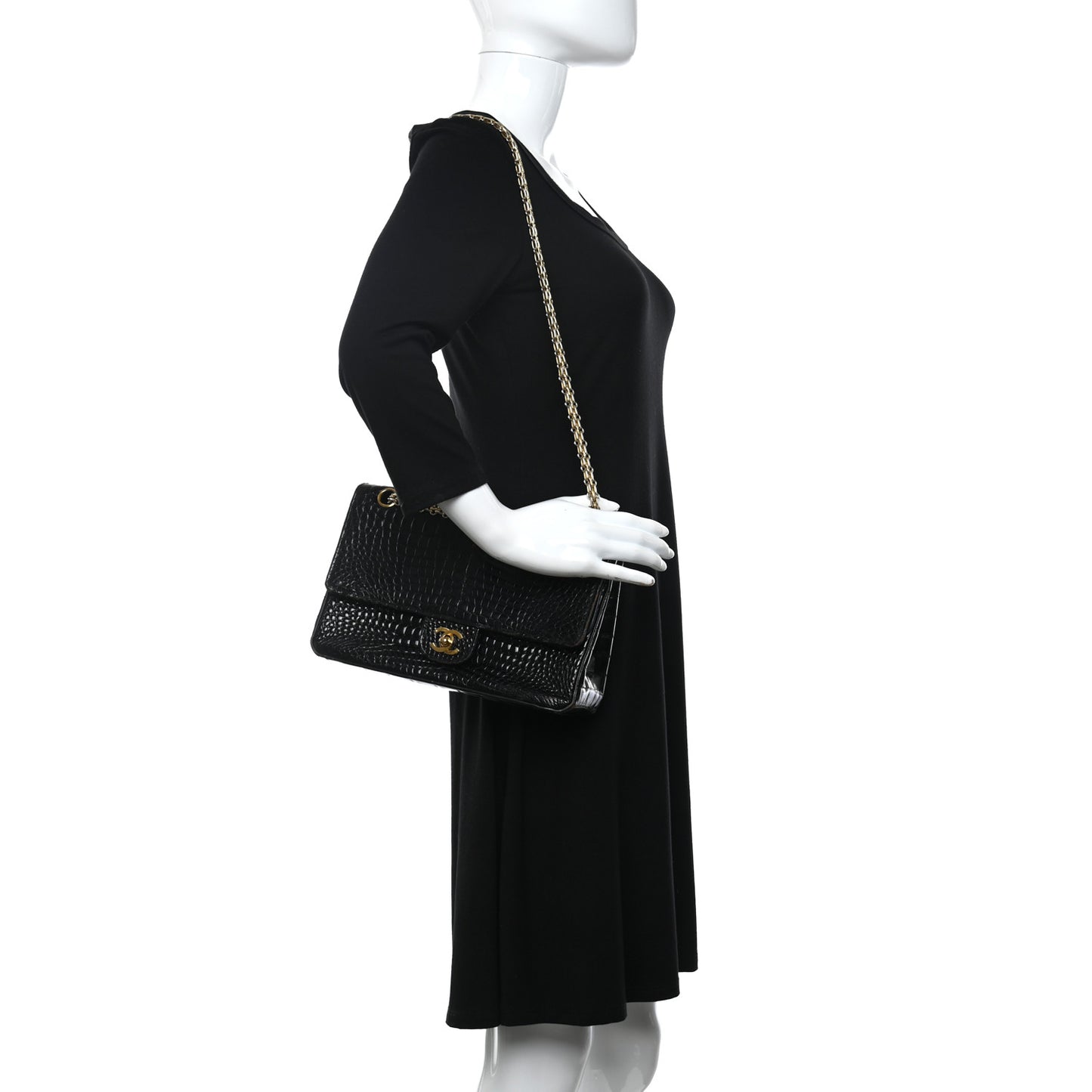Shiny Crocodile Medium Double Flap Black