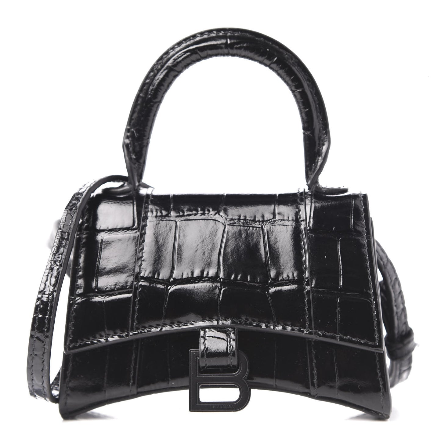 Shiny Calfskin Monochrome Crocodile Embossed Hourglass Top Handle Bag Mini Black
