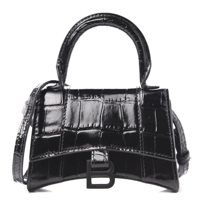 Balenciaga Shiny Calfskin Monochrome Crocodile Embossed Hourglass Top Handle Bag Mini Black 1 of 9