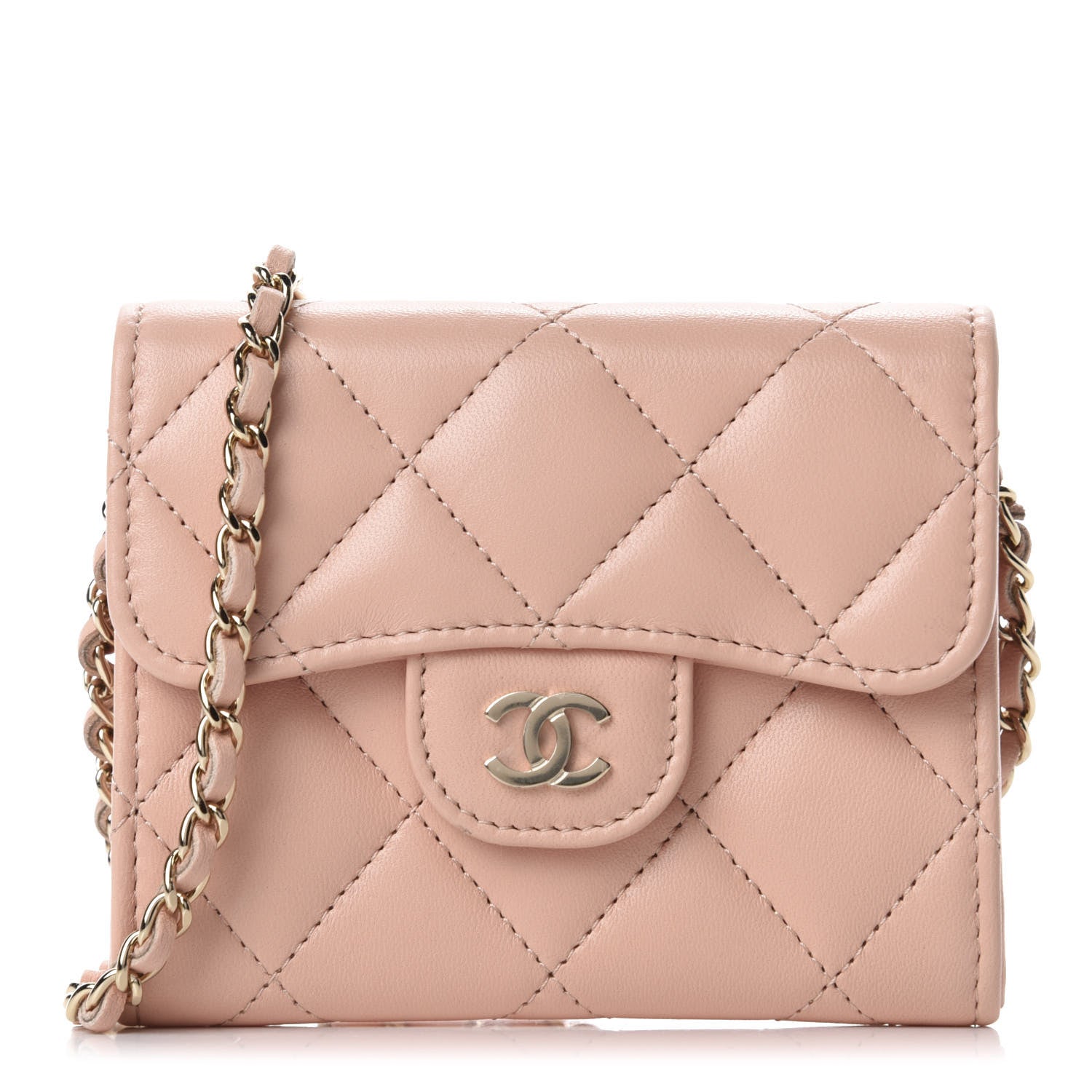 Chanel Lambskin Quilted Flap Card Holder On Chain Light Pink 1 of 12