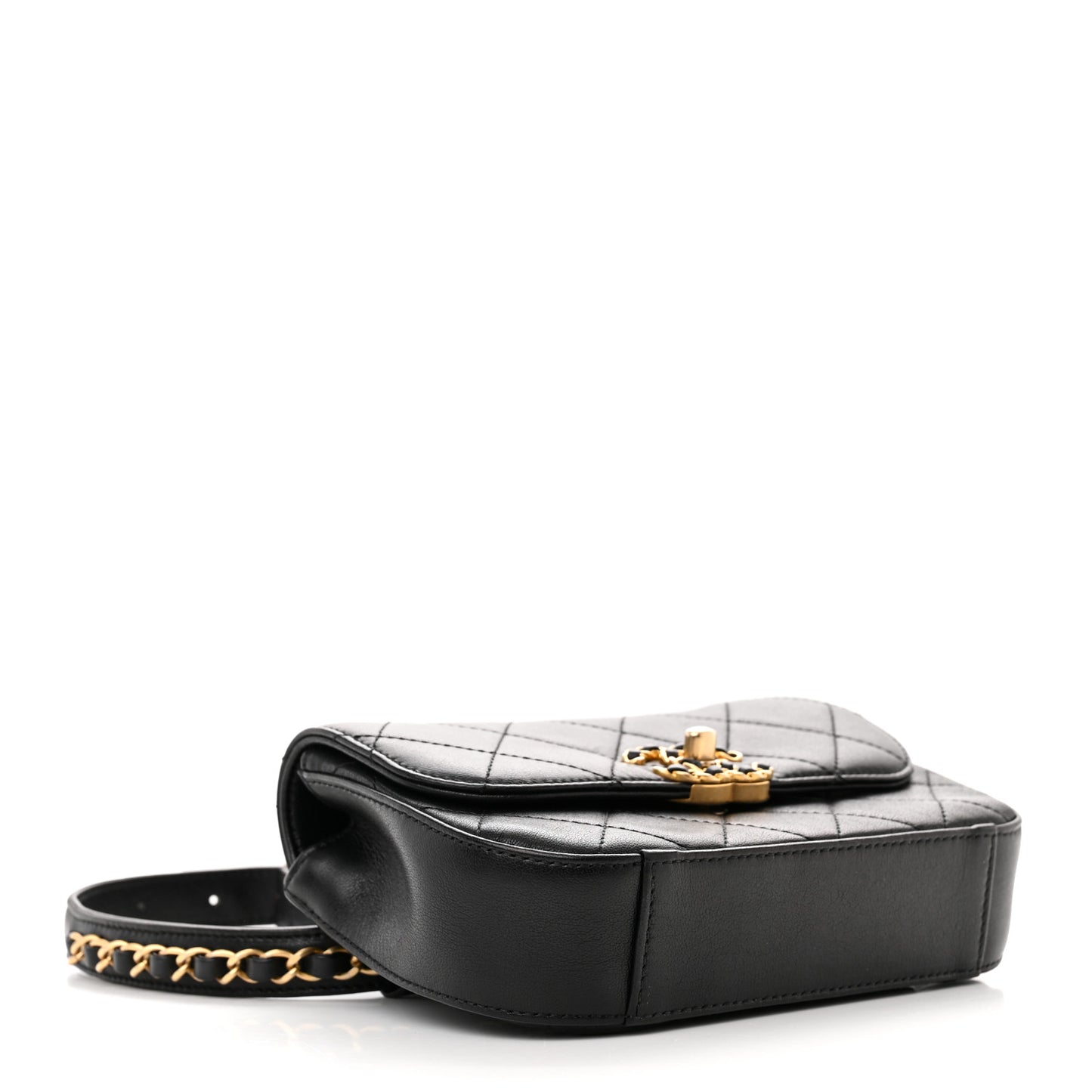 Lambskin Quilted Chain Infinity Waist Belt Bag Black