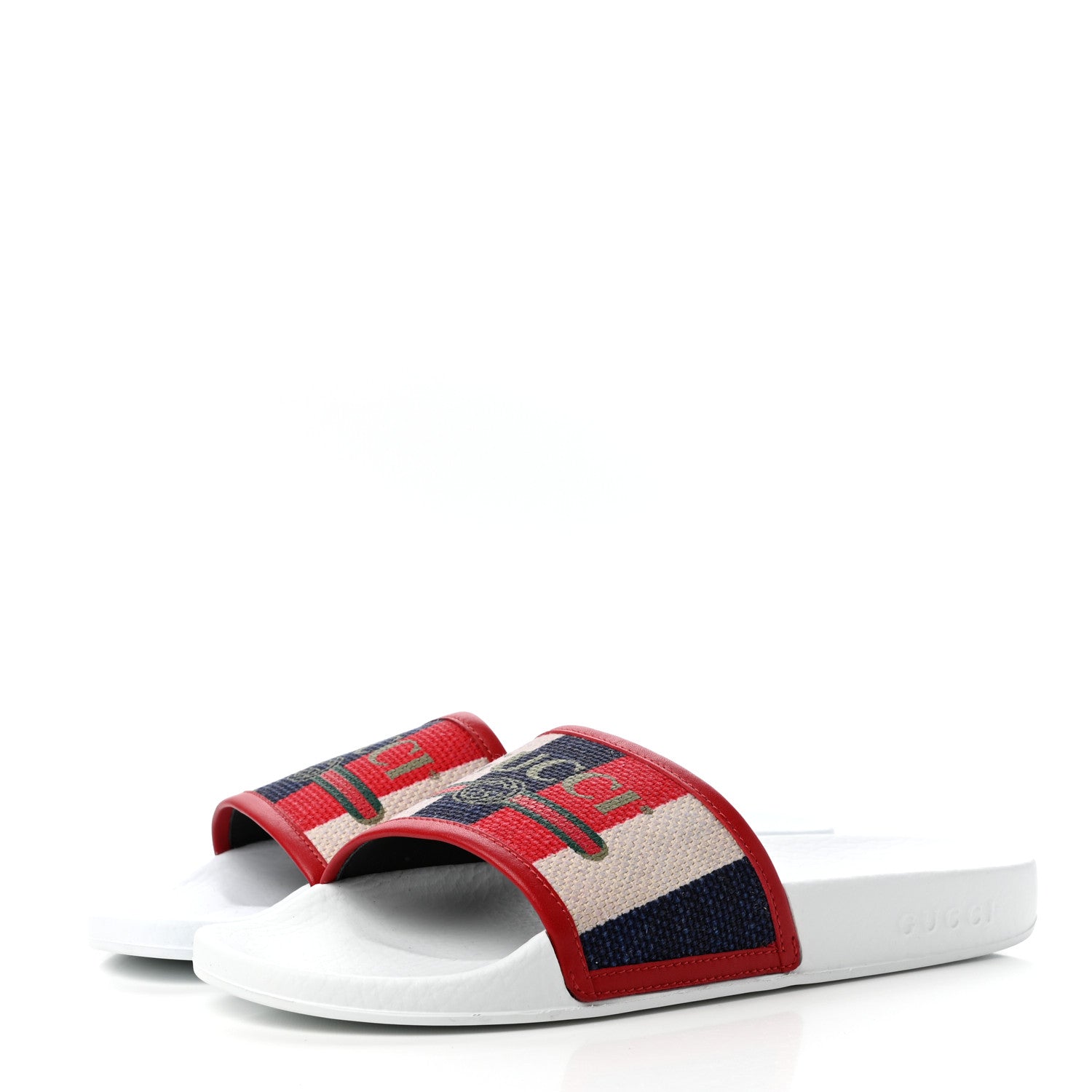 Gucci Canvas Sylvie Stripe Logo Pursuit Slide Sandals 39 Mystic White Hibiscus Red Maritime 3 of 10