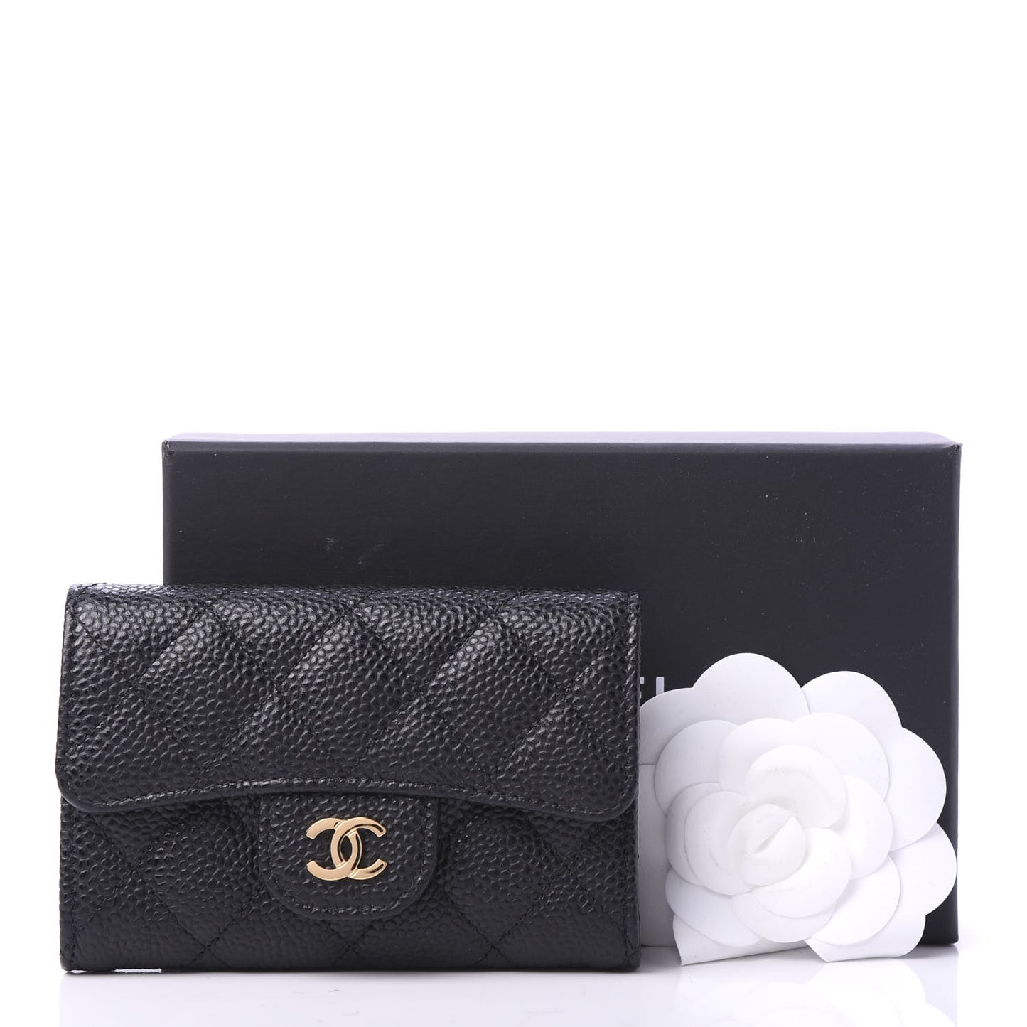 Caviar Quilted Flap Card Holder Wallet Black
