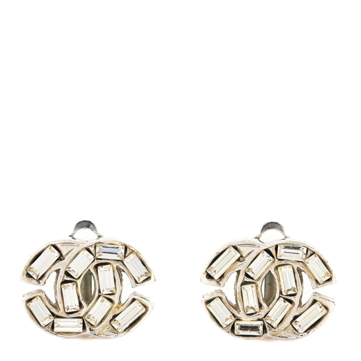 Baguette Crystal CC Clip On Earrings Silver