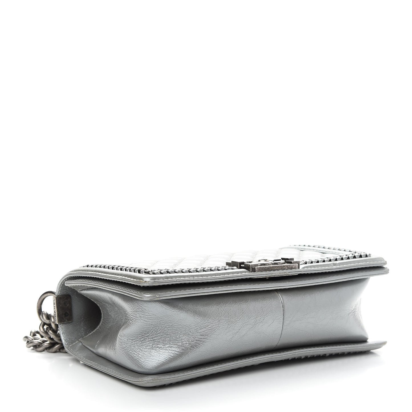 Metallic Calfskin Quilted Medium Boy Top Handle Flap Silver