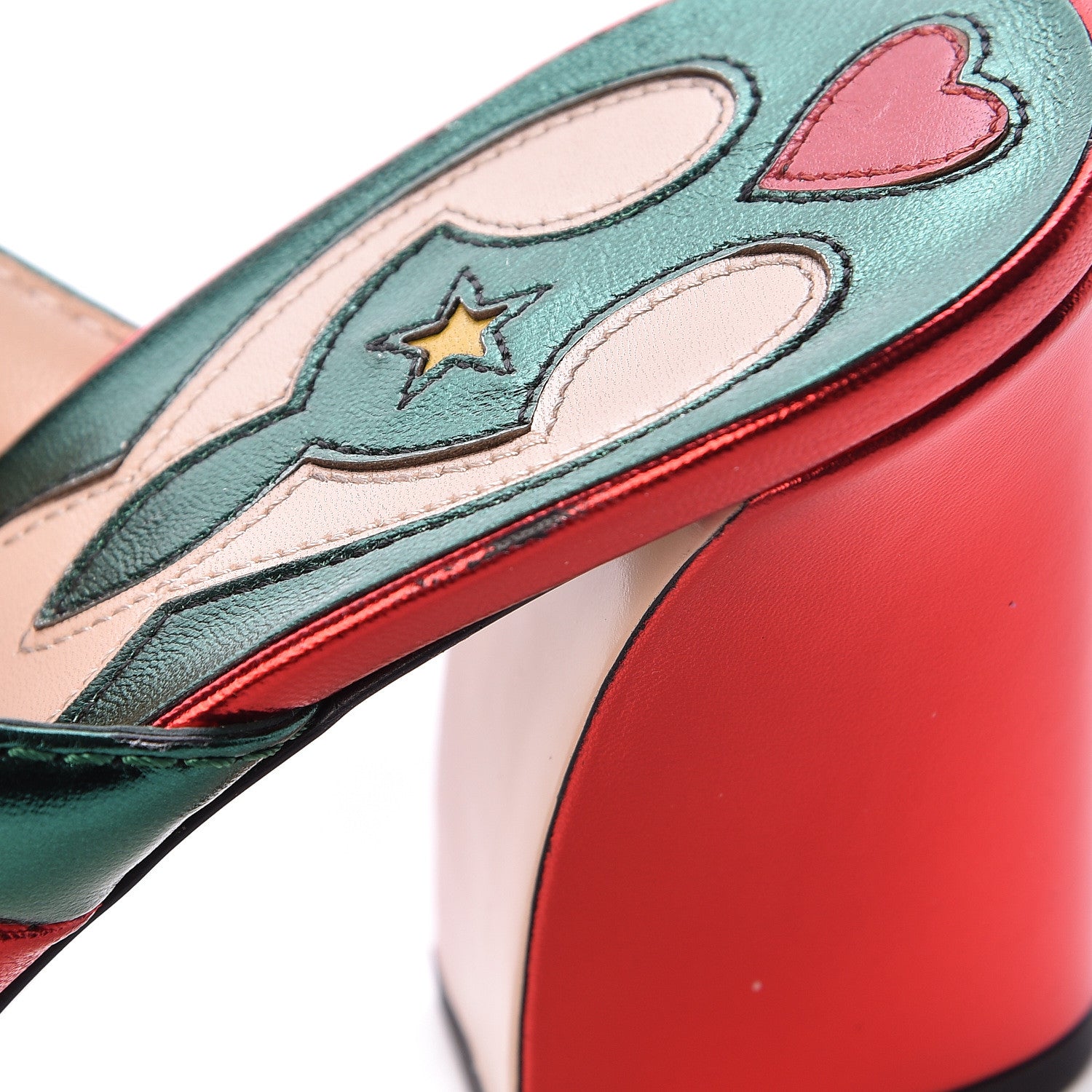 Gucci Metallic Nappa Crossover Mid Heel Slide Sandals 38 Green Flame Red 8 of 10