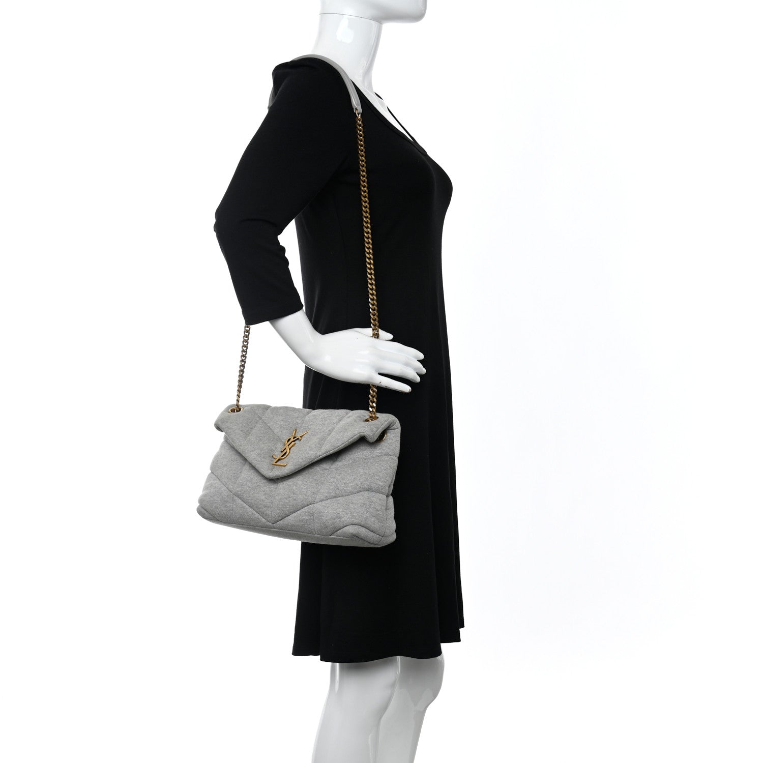 Saint Laurent Jersey Quilted Small Loulou Puffer Monogram Chain Satchel Grey Cloud 2 of 9