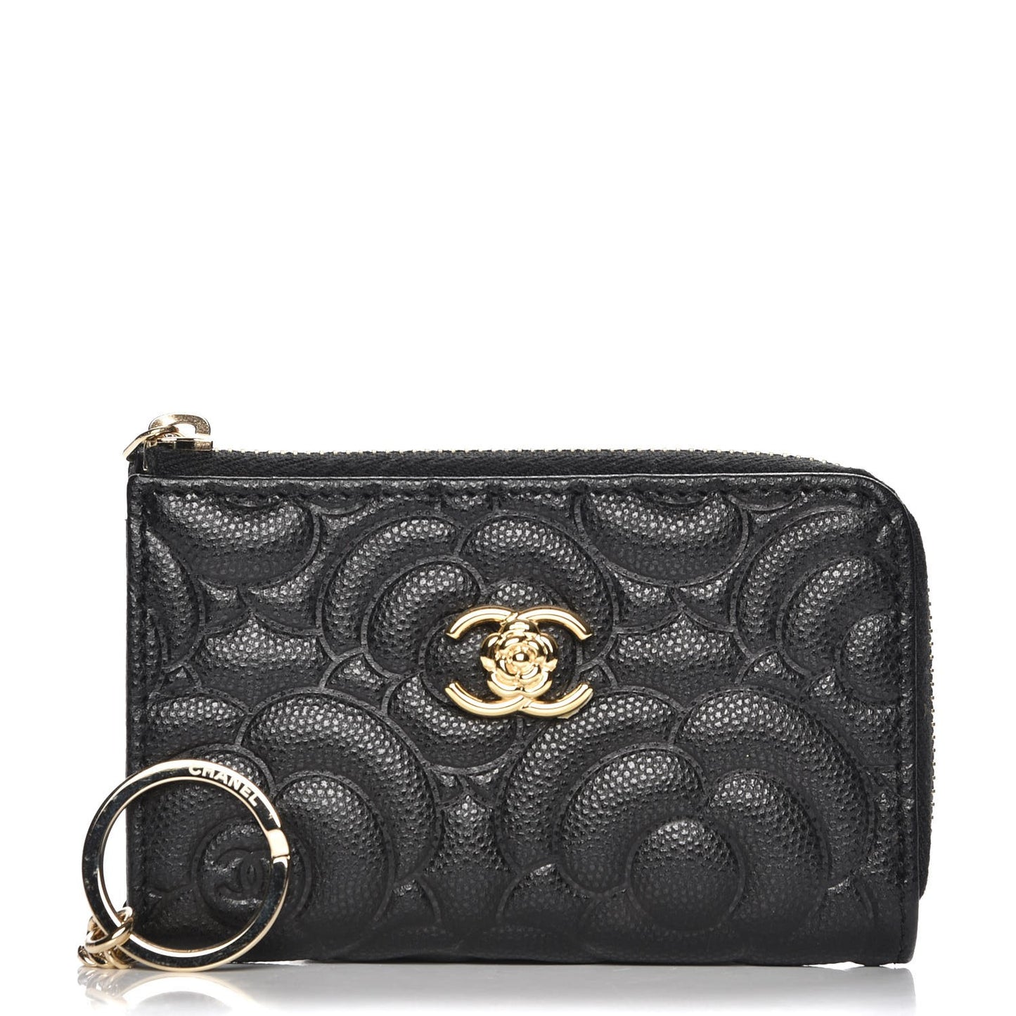 Caviar Camellia Embossed Key Holder Case Black