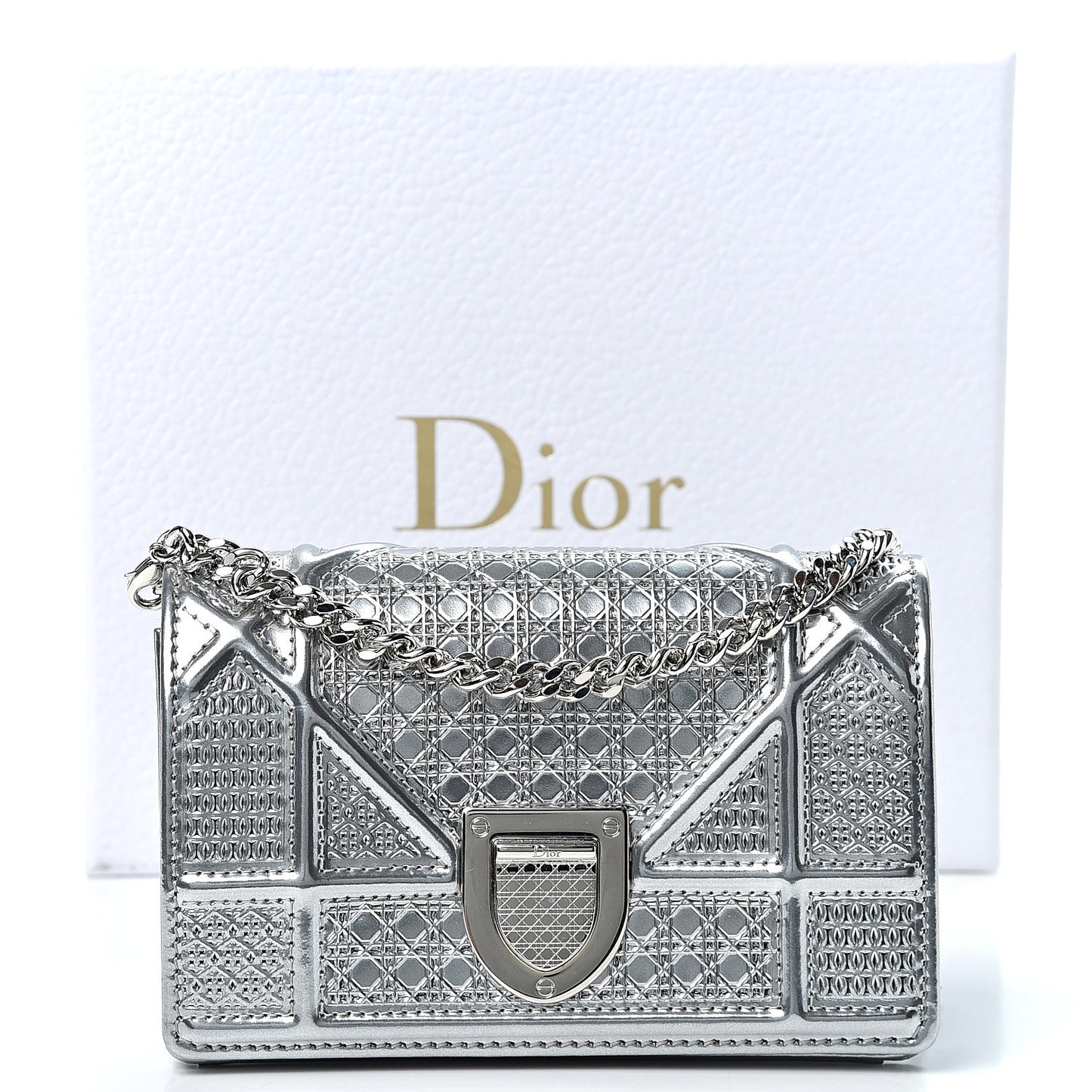 Metallic Patent Micro-Cannage Baby Diorama Flap Bag Silver