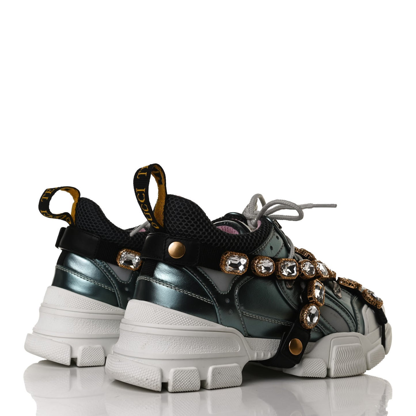 X SEGA Metallic Calfskin Removable Crystals Womens Flashtrek Sneakers 37.5 Lago Loess Silver