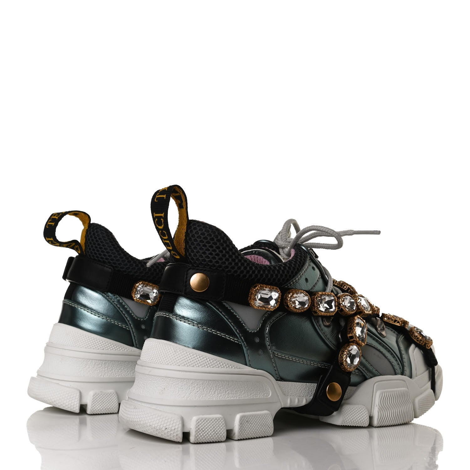 Gucci X SEGA Metallic Calfskin Removable Crystals Womens Flashtrek Sneakers 37.5 Lago Loess Silver 4 of 9