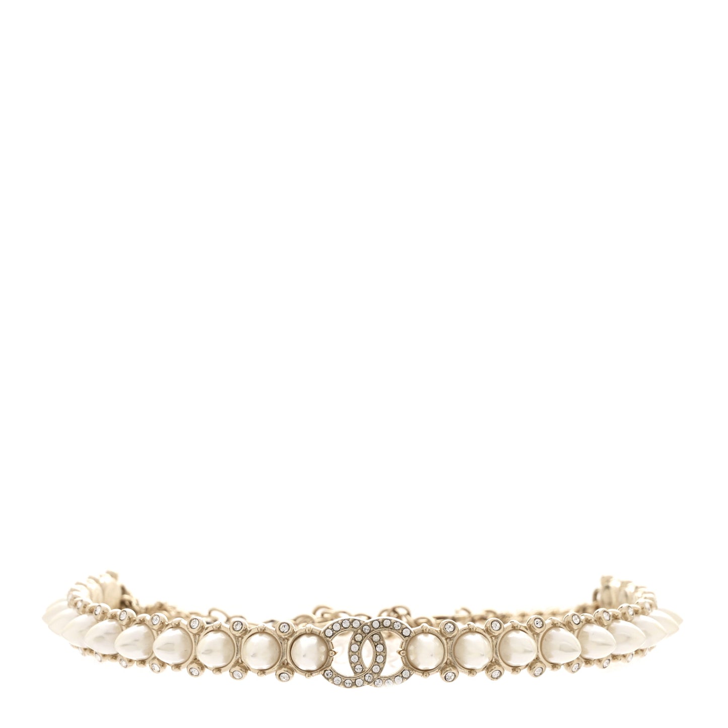 Strass Crystal Studded Pearl CC Choker Necklace Gold Pearly White