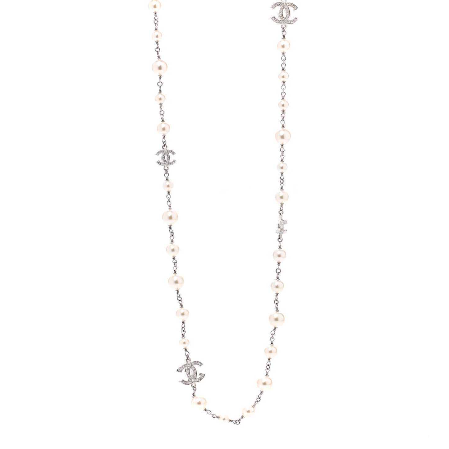 Graduated Pearl Crystal CC Long Necklace Silver