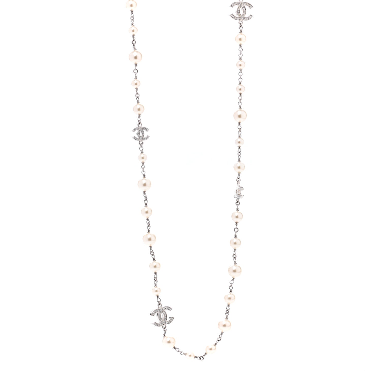 Chanel Graduated Pearl Crystal CC Long Necklace Silver 1 of 7