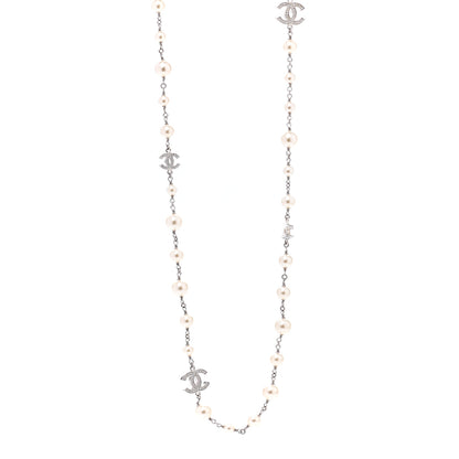 Chanel Graduated Pearl Crystal CC Long Necklace Silver 1 of 7