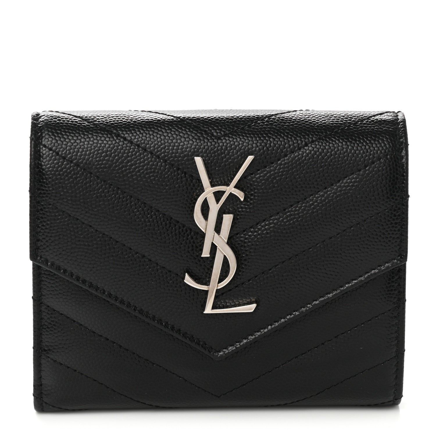 Saint Laurent Grain De Poudre Matelasse Chevron Monogram Compact Tri Fold Wallet Black 1 of 8