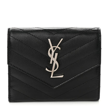 Saint Laurent Grain De Poudre Matelasse Chevron Monogram Compact Tri Fold Wallet Black 1 of 8
