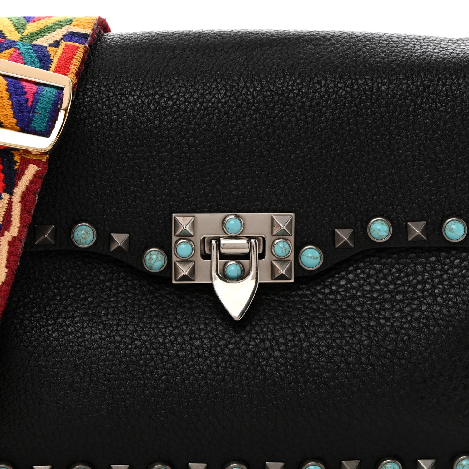 Valentino Garavani Pebbled Calfskin Turquoise Medium Guitar Strap Rockstud Rolling Flap Saddle Bag Black 8 of 10