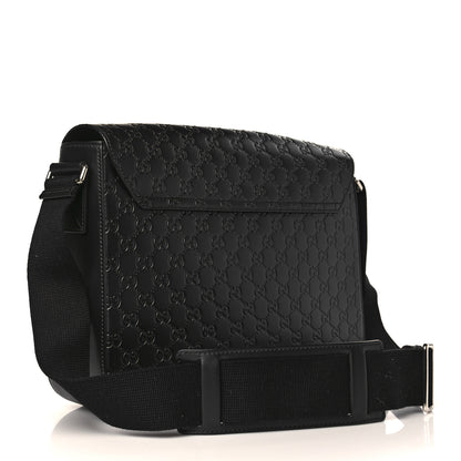 Gucci Guccissima Signature Medium Double Buckle Flap Messenger Bag Black 3 of 9