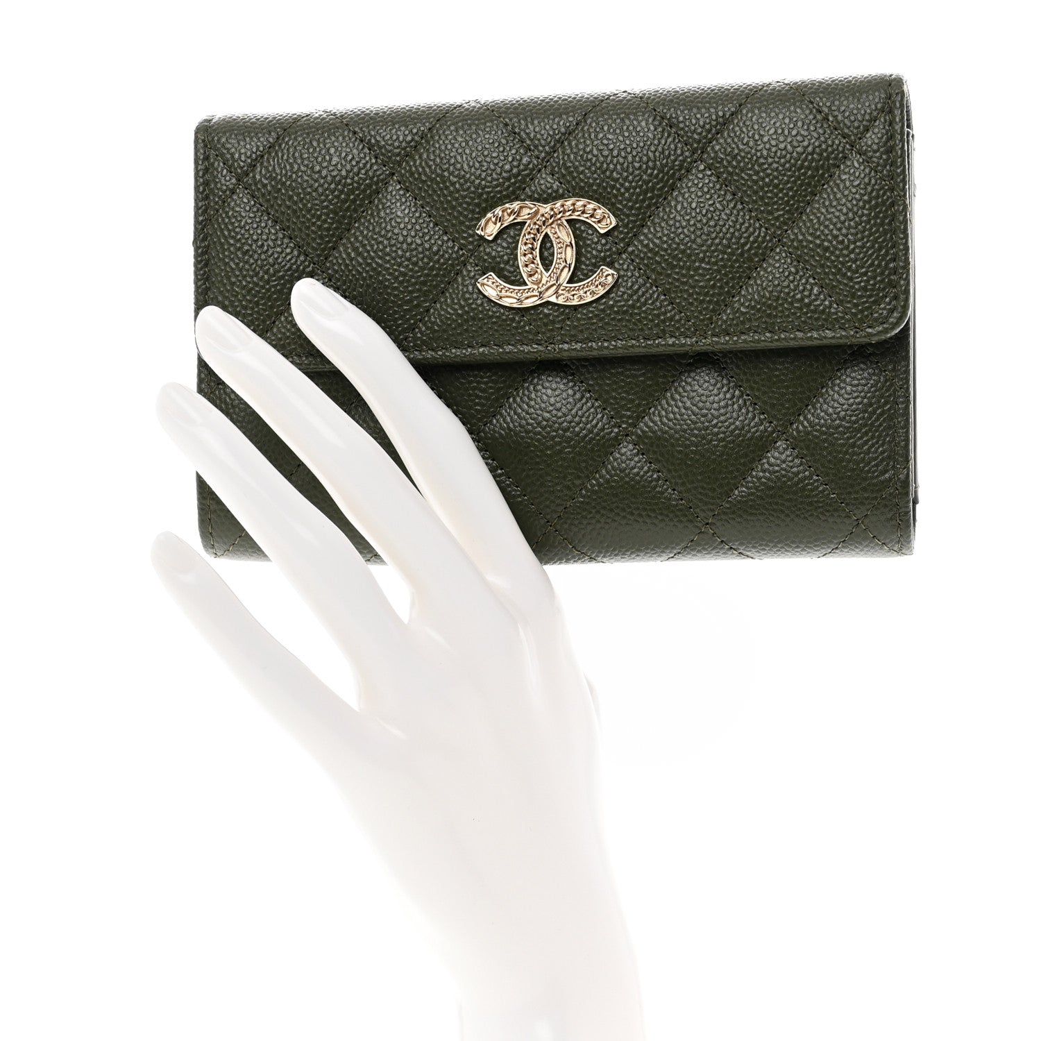 Chanel Caviar Quilted Multi Chain CC Medium Tri-Fold Flap Wallet Khaki 2 of 9