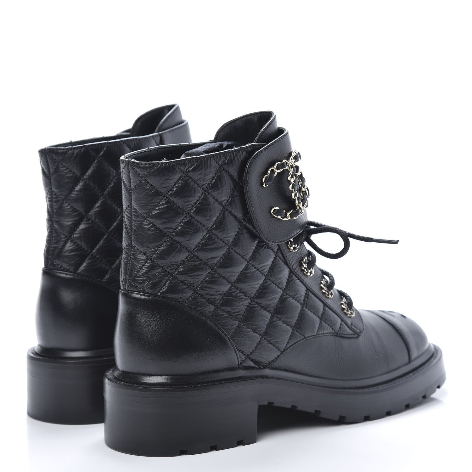 Chanel Shiny Goatskin Calfskin Quilted Lace Up Combat Boots 38.5 Black 4 of 9