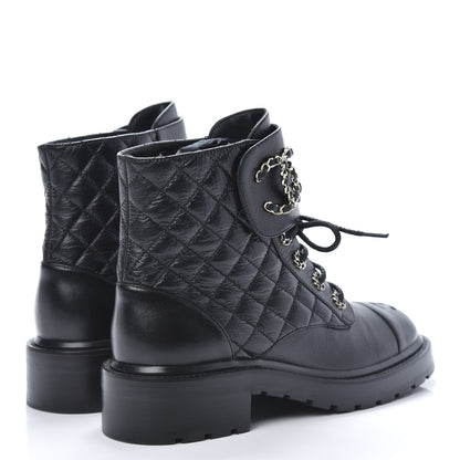 Chanel Shiny Goatskin Calfskin Quilted Lace Up Combat Boots 38.5 Black 4 of 9
