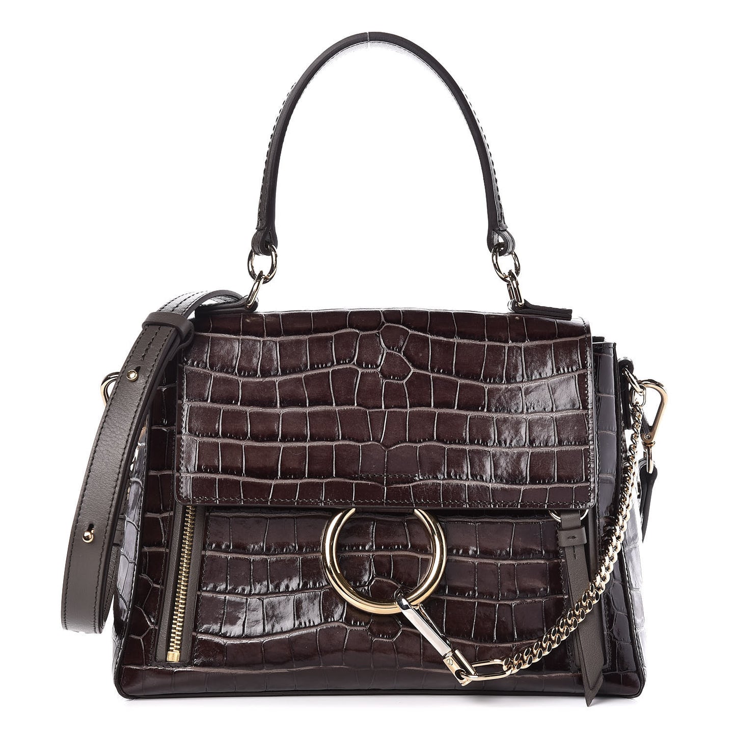 Calfskin Crocodile Embossed Small Faye Day Shoulder Bag Profound Brown
