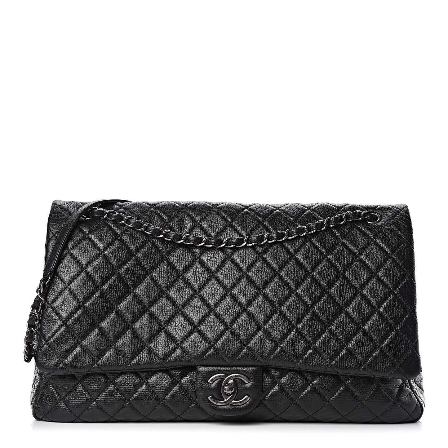 Calfskin Quilted XXL Travel Flap Bag Black
