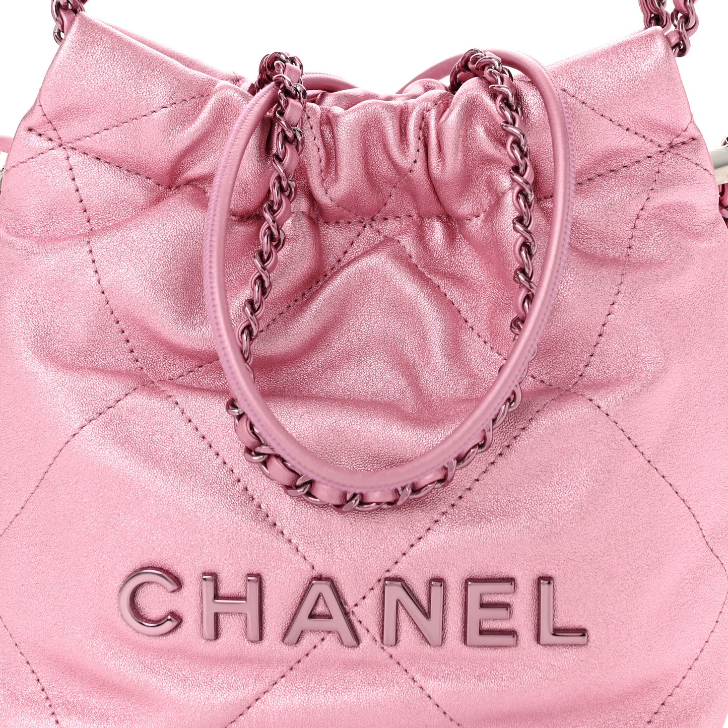 Metallic Lambskin Lacquered Monochrome Quilted Mini Chanel 22 Pink