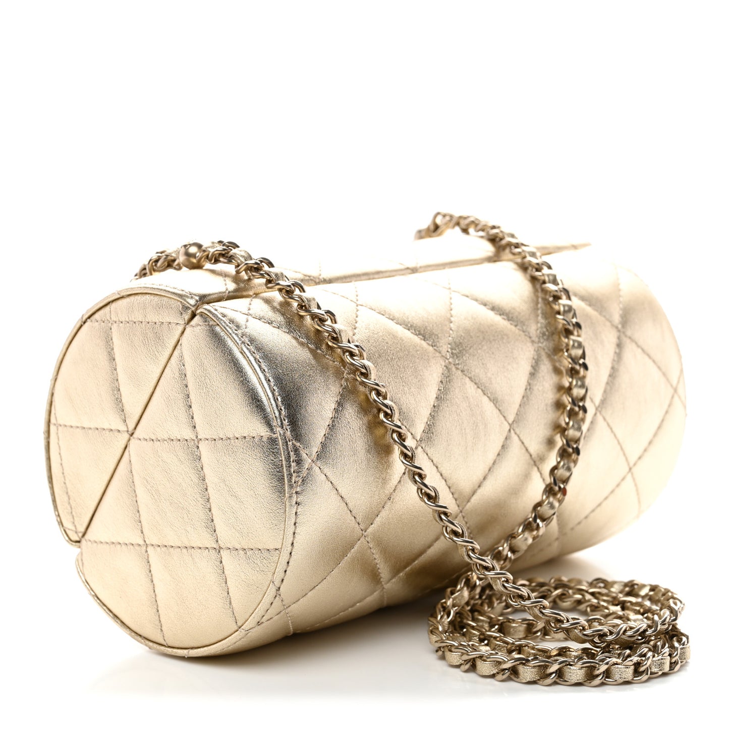 Metallic Lambskin Quilted Barrel Crossbody Bag Gold
