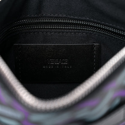 Versace Coated Canvas Calfskin Mens La Greca Zip Pouch Black Blue Purple 6 of 8